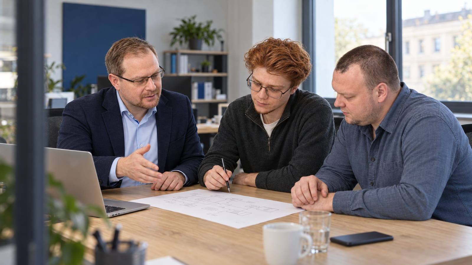Viktor und zwei Mitglieder des InsideDynamic-Teams besprechen gemeinsam einen Automatisierungsprozess.
