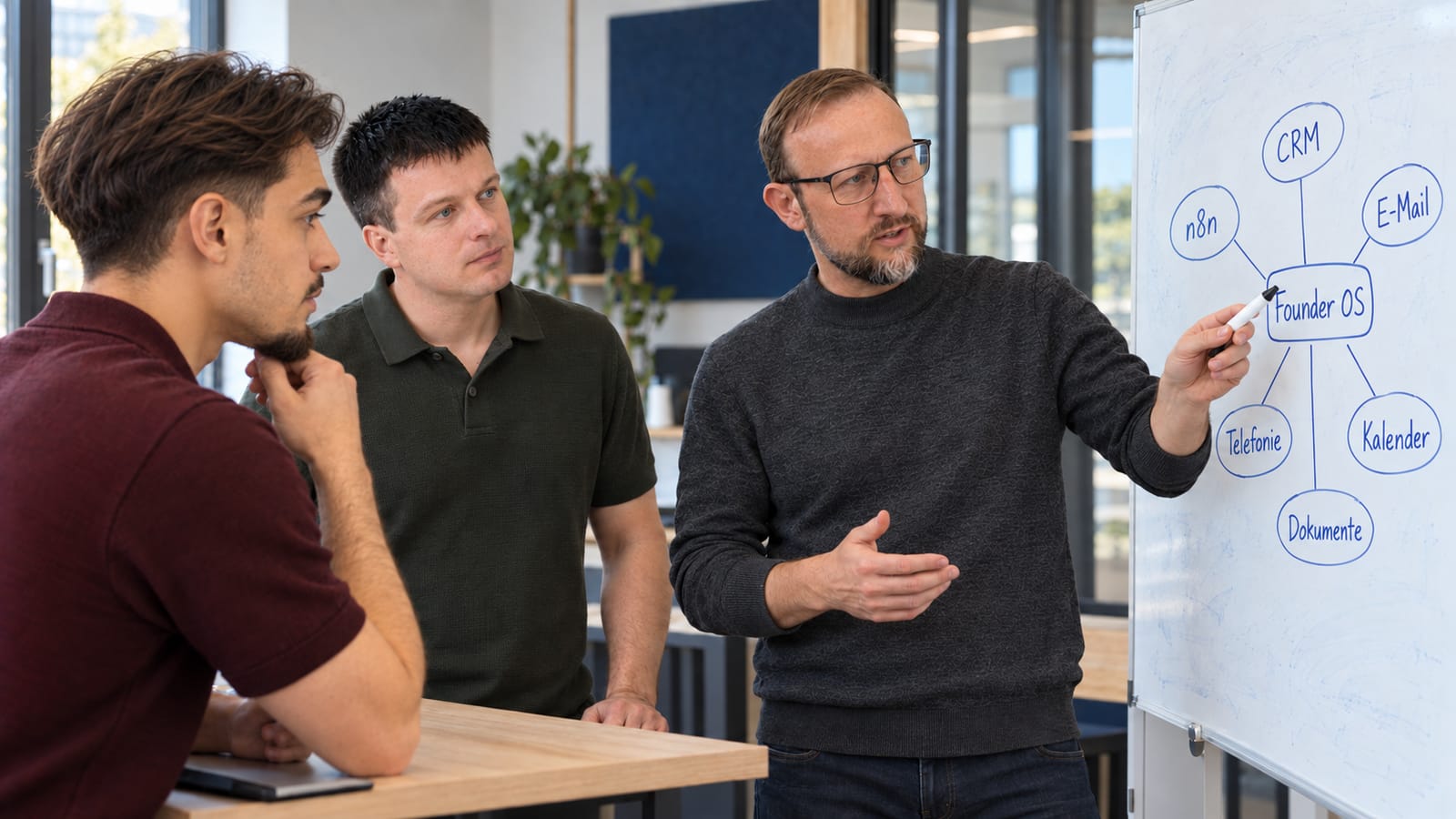 Teambesprechung am Whiteboard: FounderOS verbindet CRM, E-Mail, Kalender, Dokumente, Telefonie und n8n