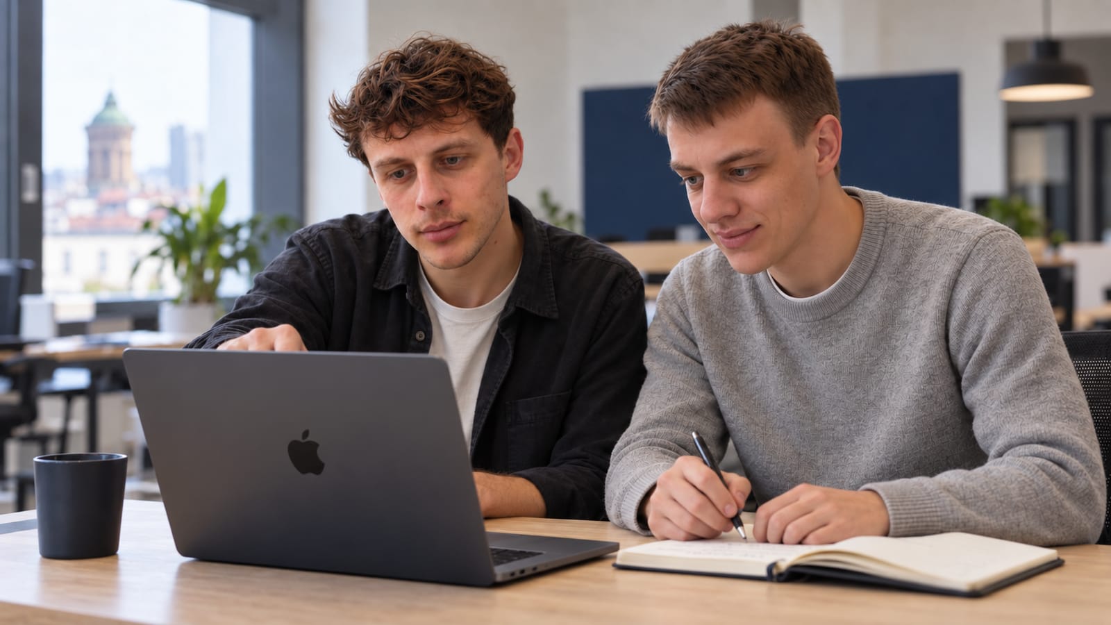 Taras Polishchuk und Dmytro Yachichko besprechen eine technische Lösung am Laptop